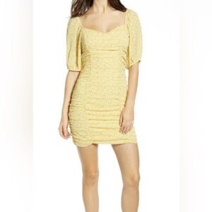 Lush Yellow Ruched Puff Sleeve Mini Dress